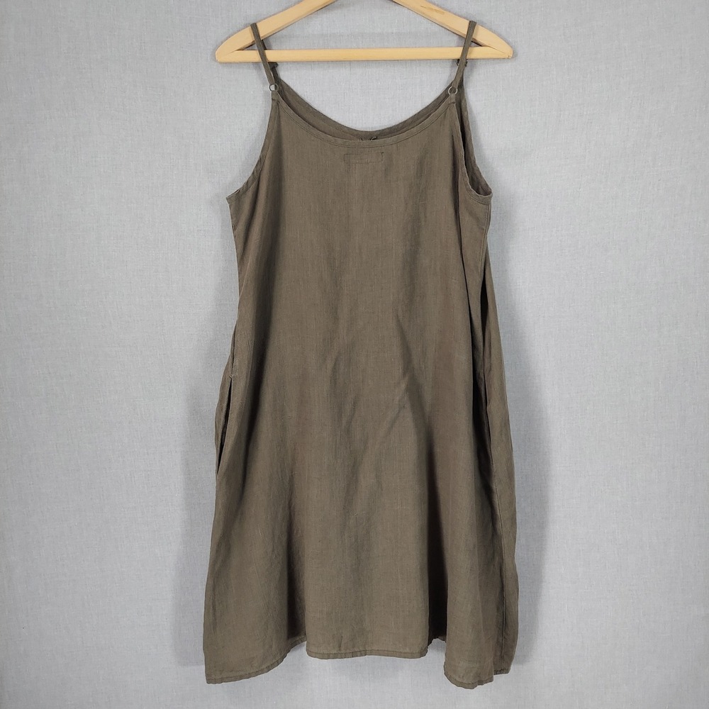 FLAX Linen Dress S Olive Green Sleeveless Pockets Lagenlook Minimalist Midi - Picture 3 of 10
